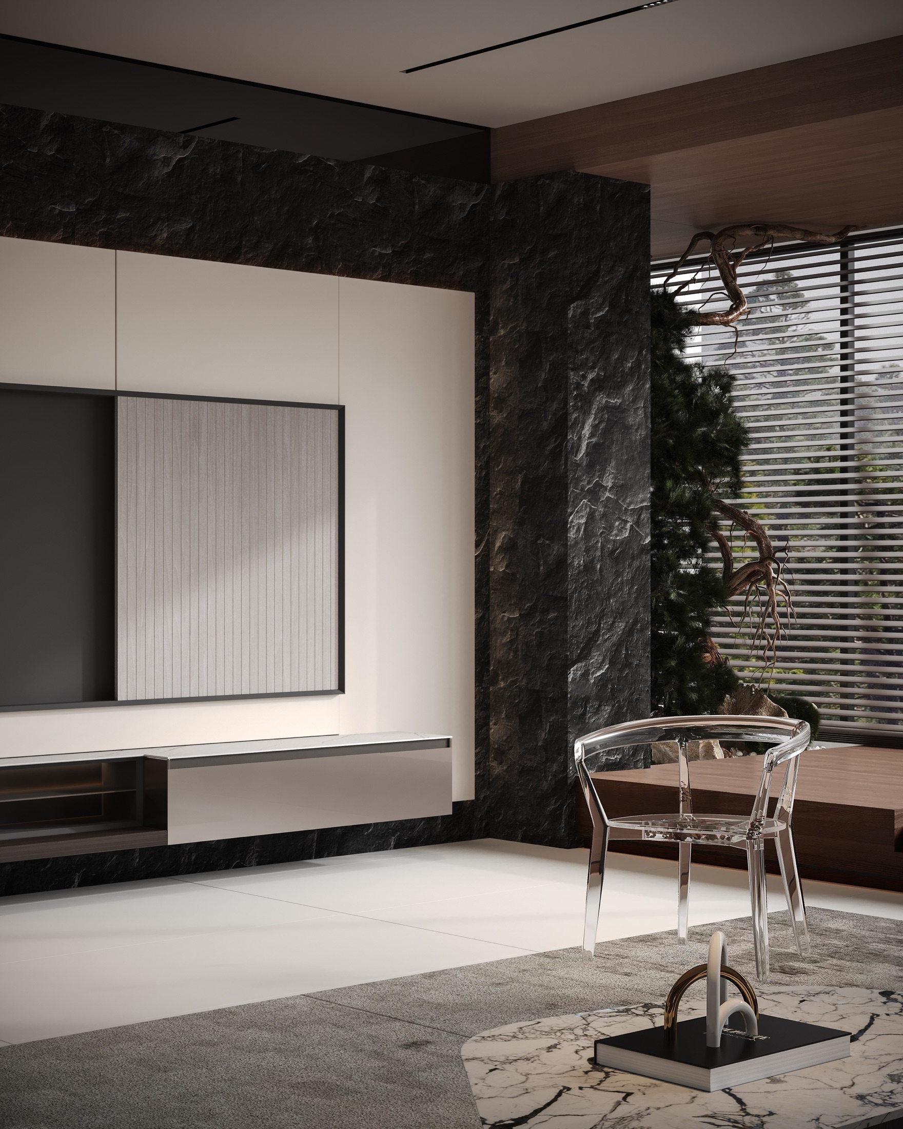 Dark stone and refined interior detail for BENJUE services